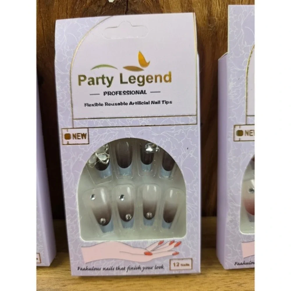 Party Legend Artificial Nail Tips 12ct Multicolor New Ombre Butterfly Rhinestone